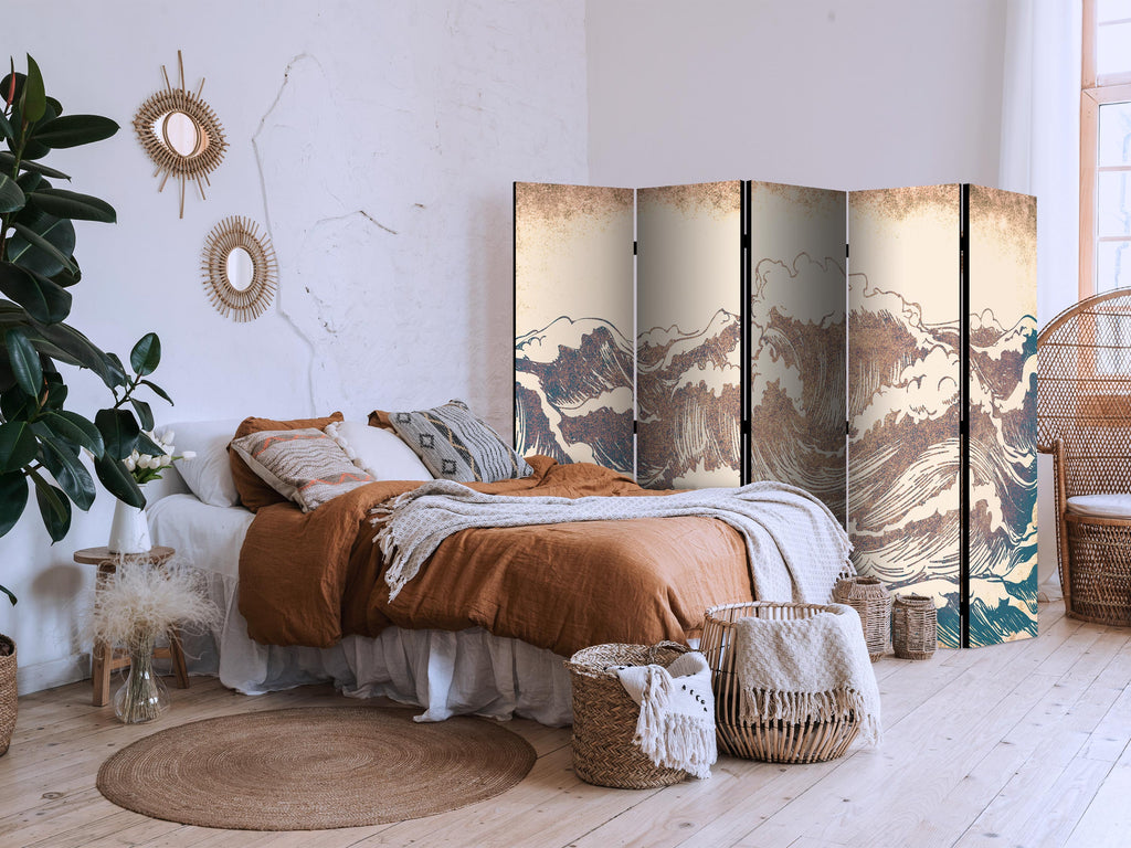 Room Divider - Turbulent Ocean - High Waves in Brown And Navy Colors on a Beige Background in Vintage Style