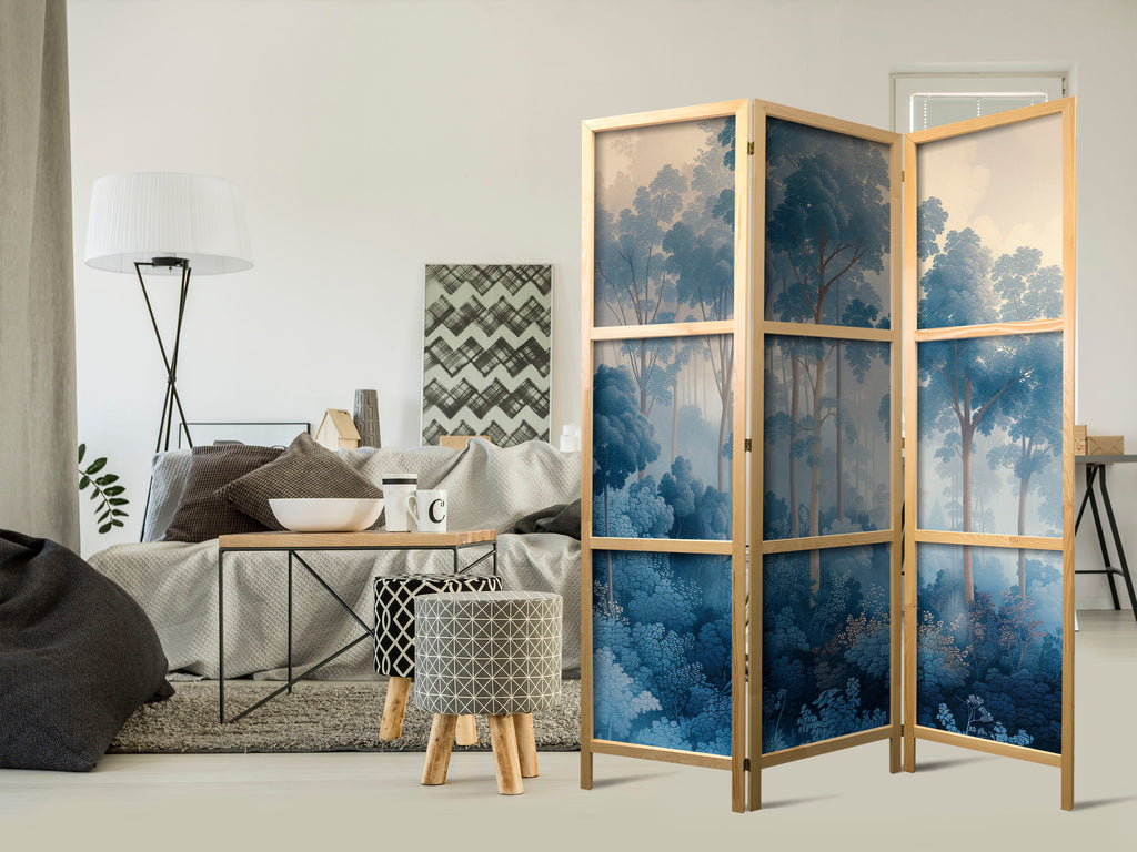 Japanese Room Divider - Landscape with Trees in Illustrative Style - Fairy-Tale Blue Forest