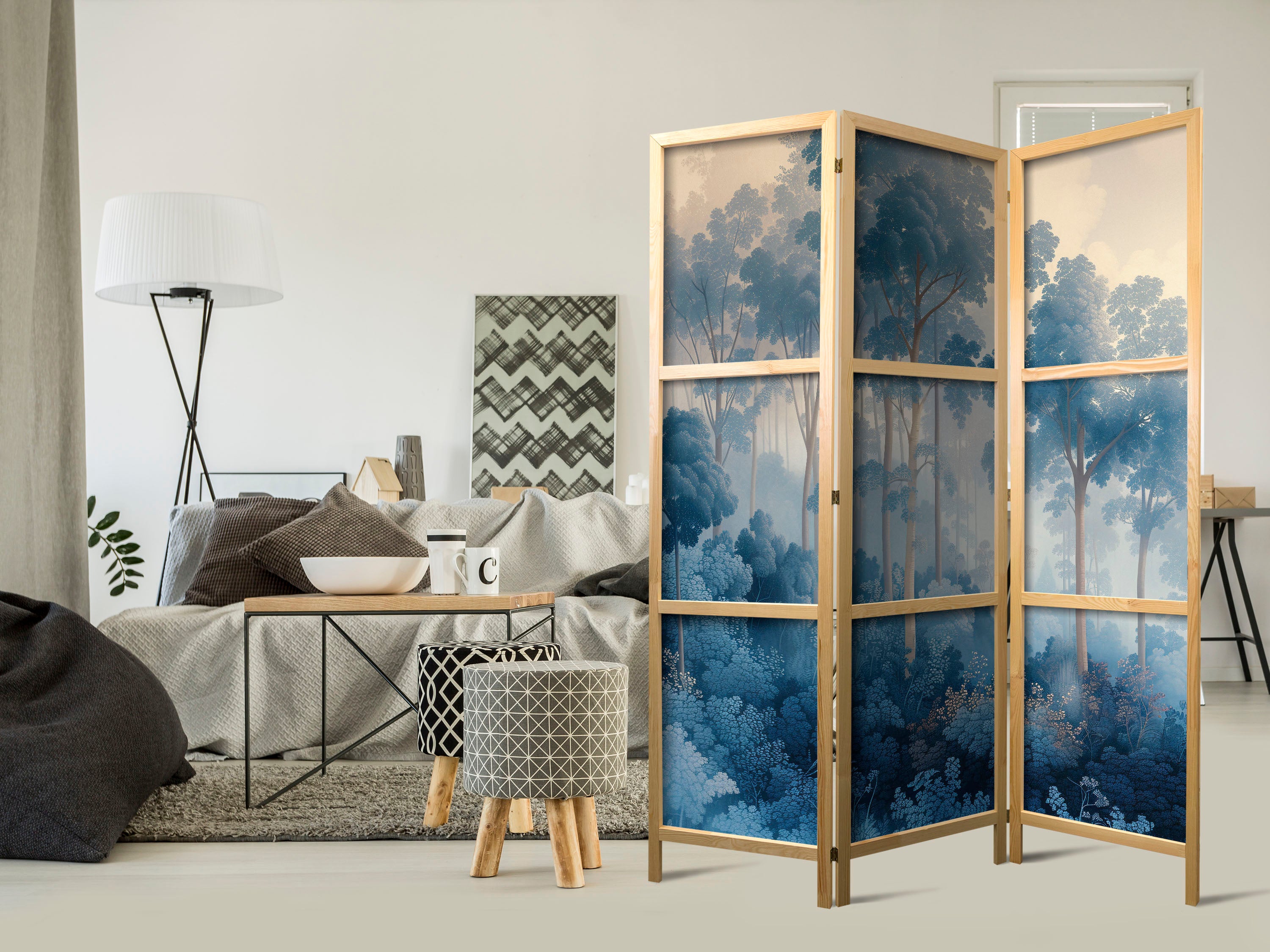 Japanese Room Divider - Landscape with Trees in Illustrative Style - Fairy-Tale Blue Forest