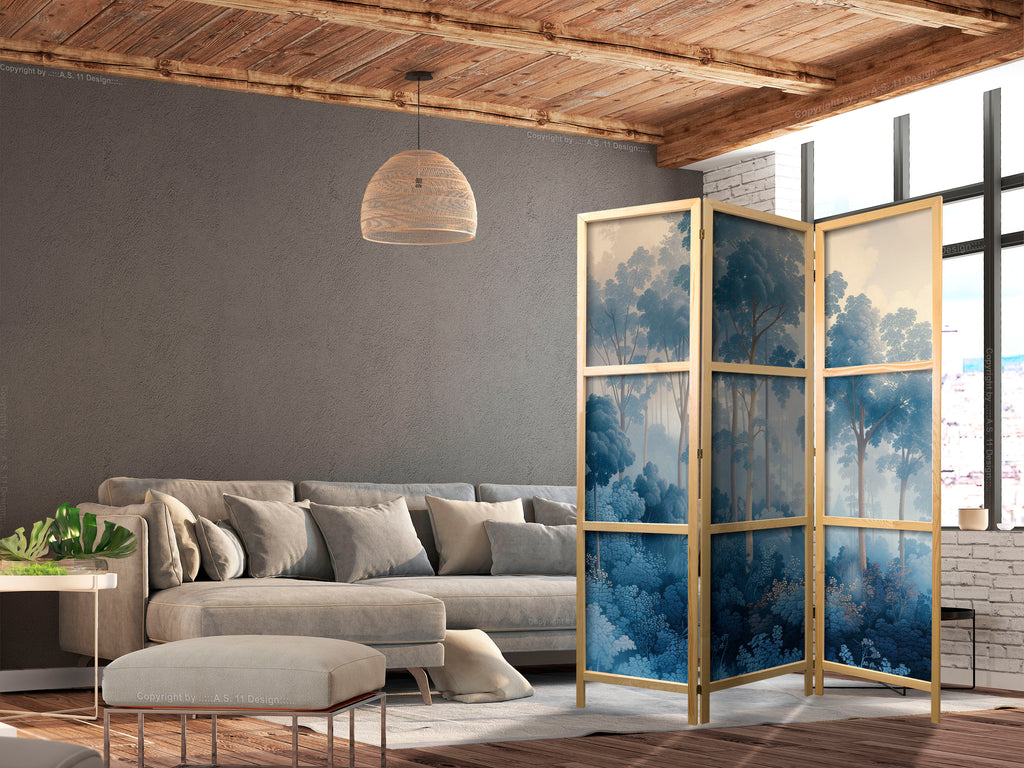 Japanese Room Divider - Landscape with Trees in Illustrative Style - Fairy-Tale Blue Forest