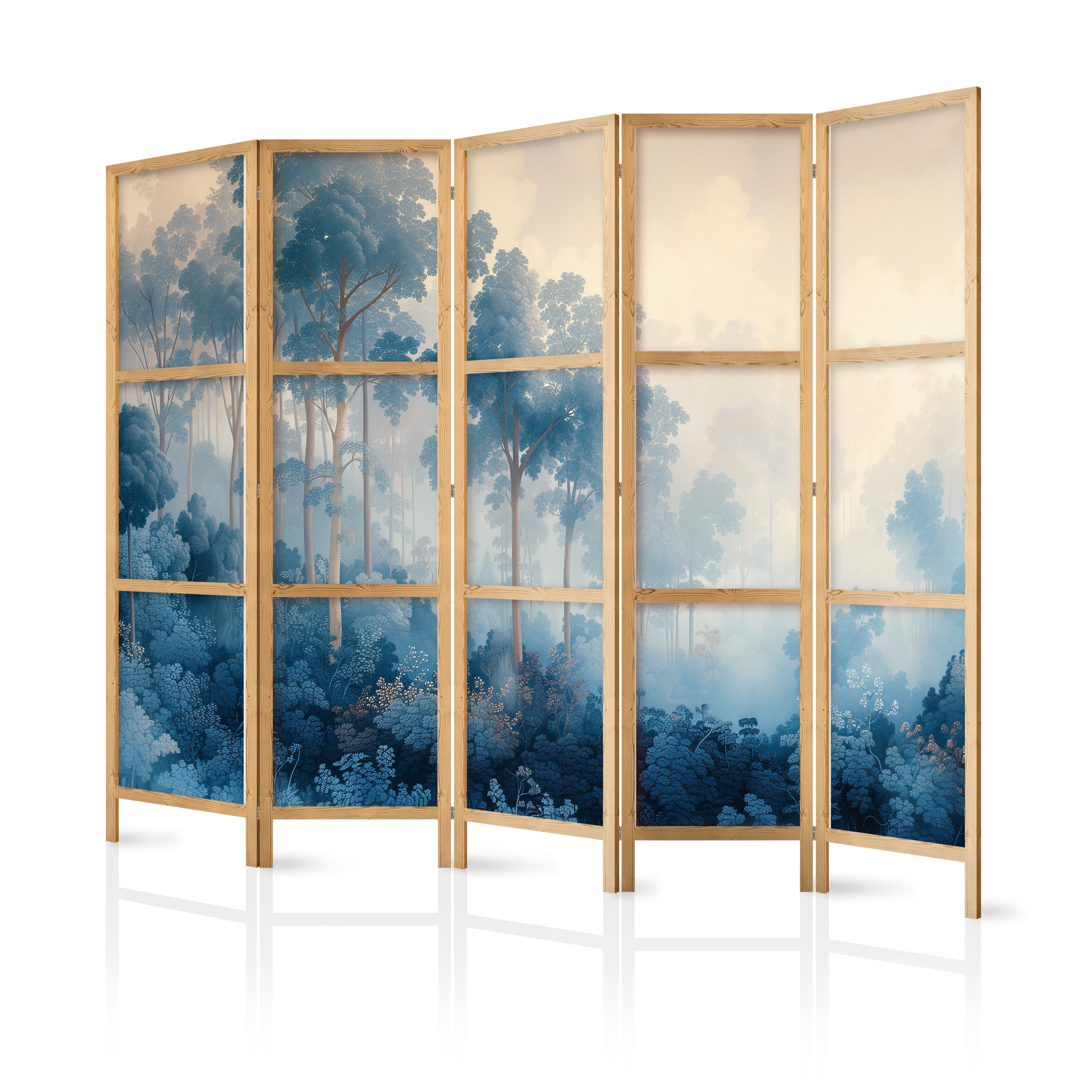 Japanese Room Divider Landscape with Trees in Illustrative Style - Fairy-Tale Blue Forest