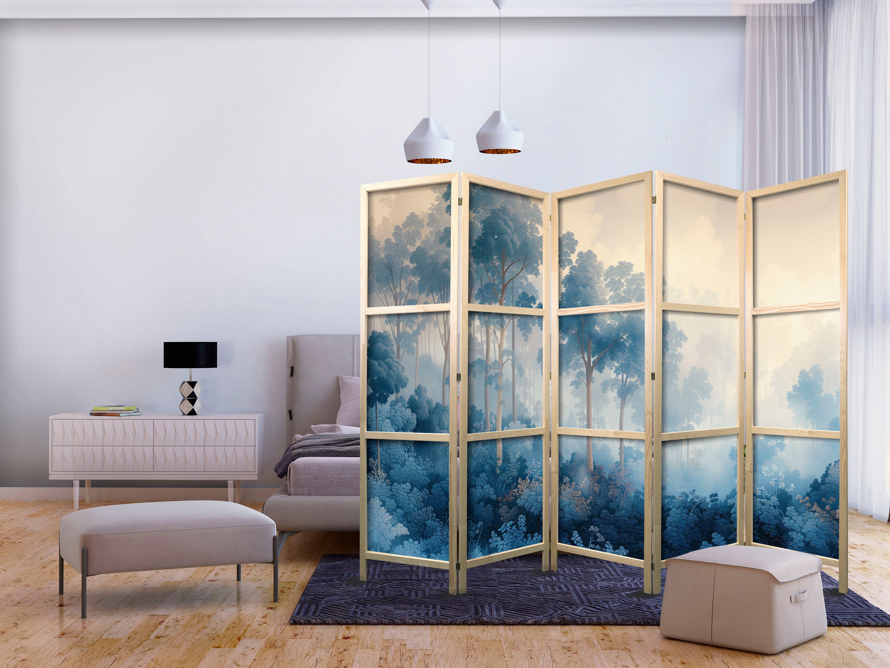 Japanese Room Divider Landscape with Trees in Illustrative Style - Fairy-Tale Blue Forest