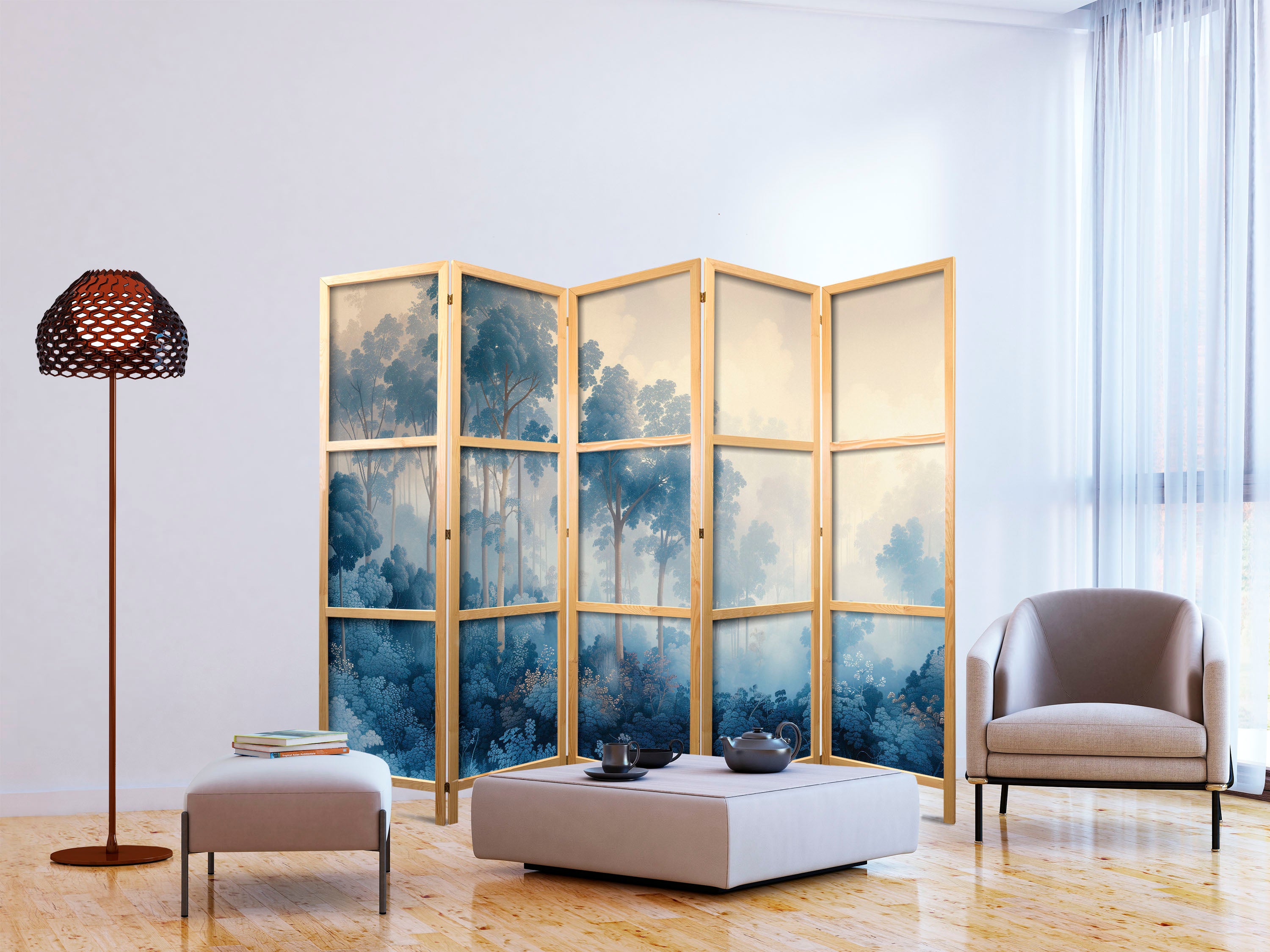 Japanese Room Divider Landscape with Trees in Illustrative Style - Fairy-Tale Blue Forest