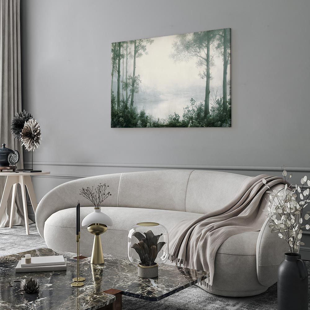 Canvas Print - Retro Landscape Grove Trees and Pond in Patinated Shades of Green