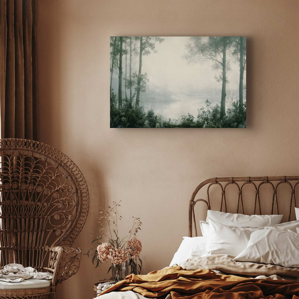 Retro Green Grove Trees and Pond Landscape Canvas Print