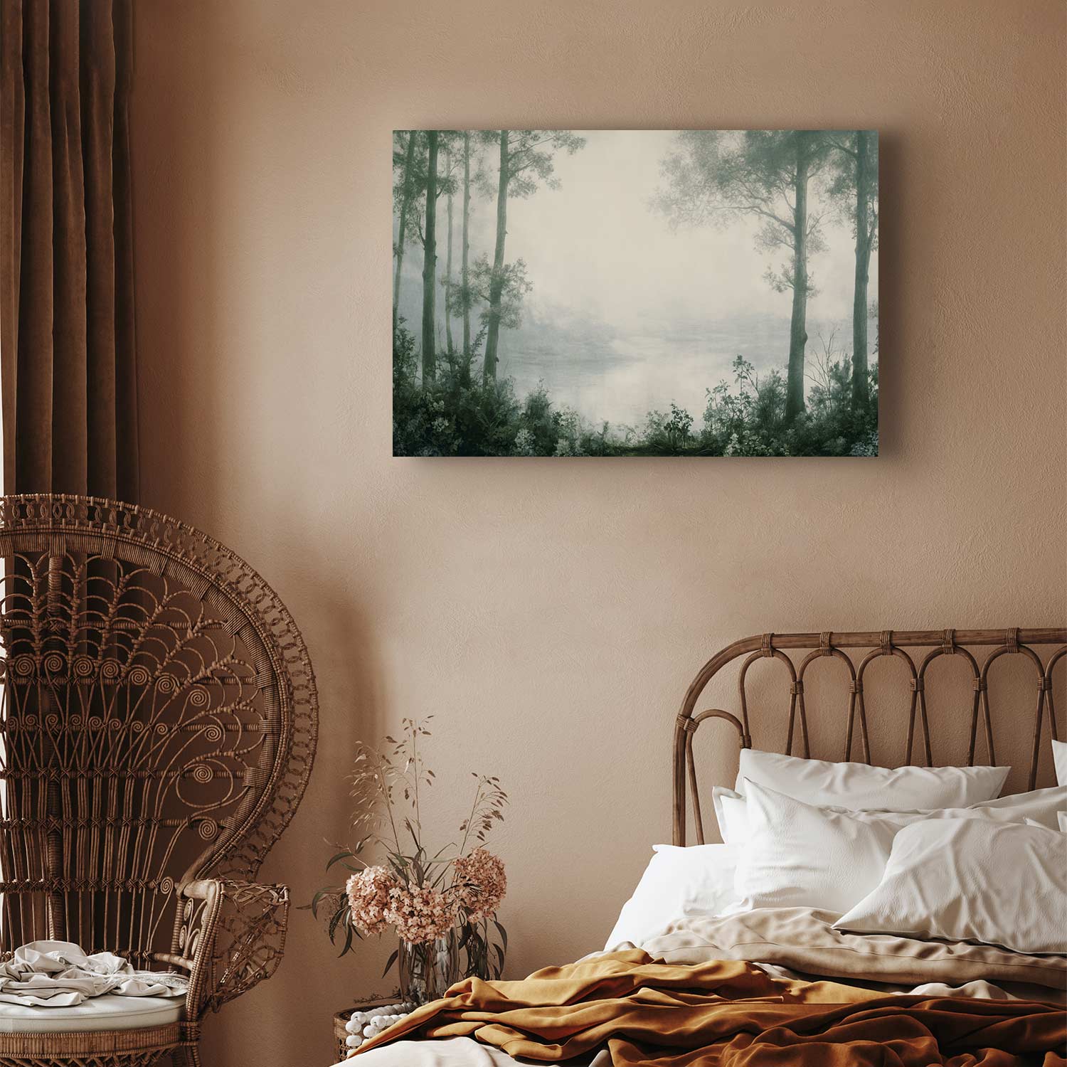 Retro Green Grove Trees and Pond Landscape Canvas Print