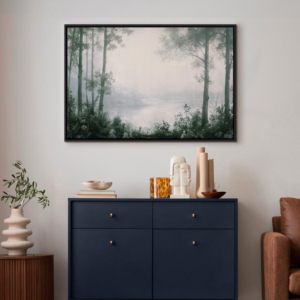 Canvas Print - Retro Landscape Grove Trees and Pond in Patinated Shades of Green