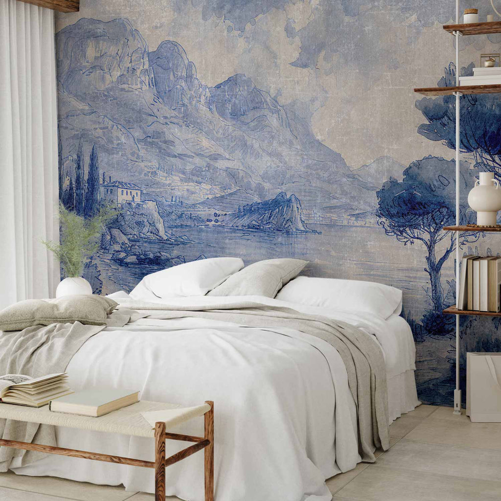 Lake Como Blue Ink Italian Landscape Wall Mural