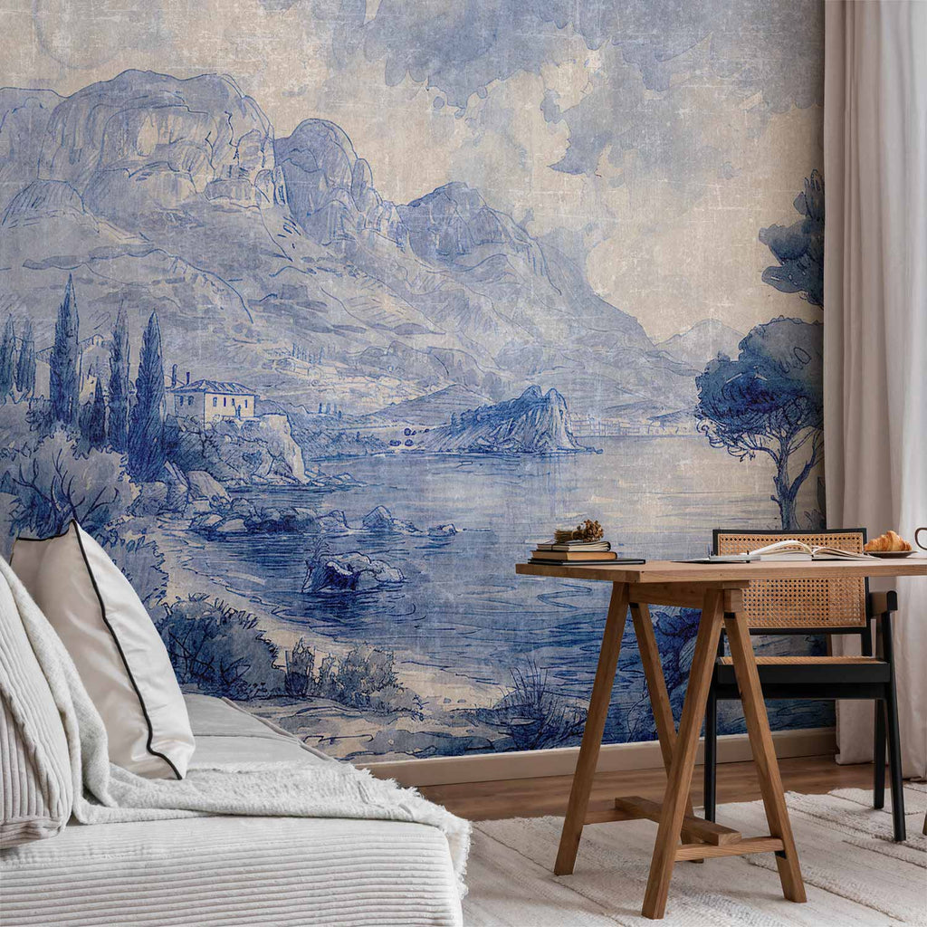 Lake Como Blue Ink Italian Landscape Wall Mural