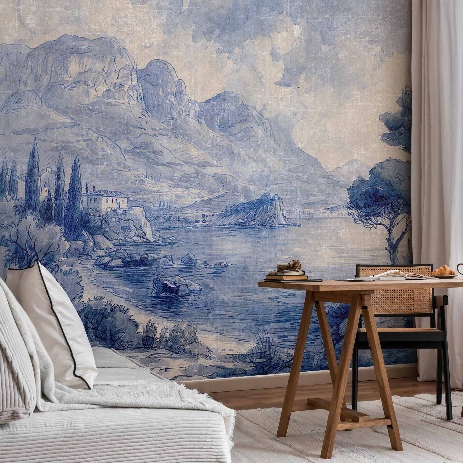 Lake Como Blue Ink Italian Landscape Wall Mural