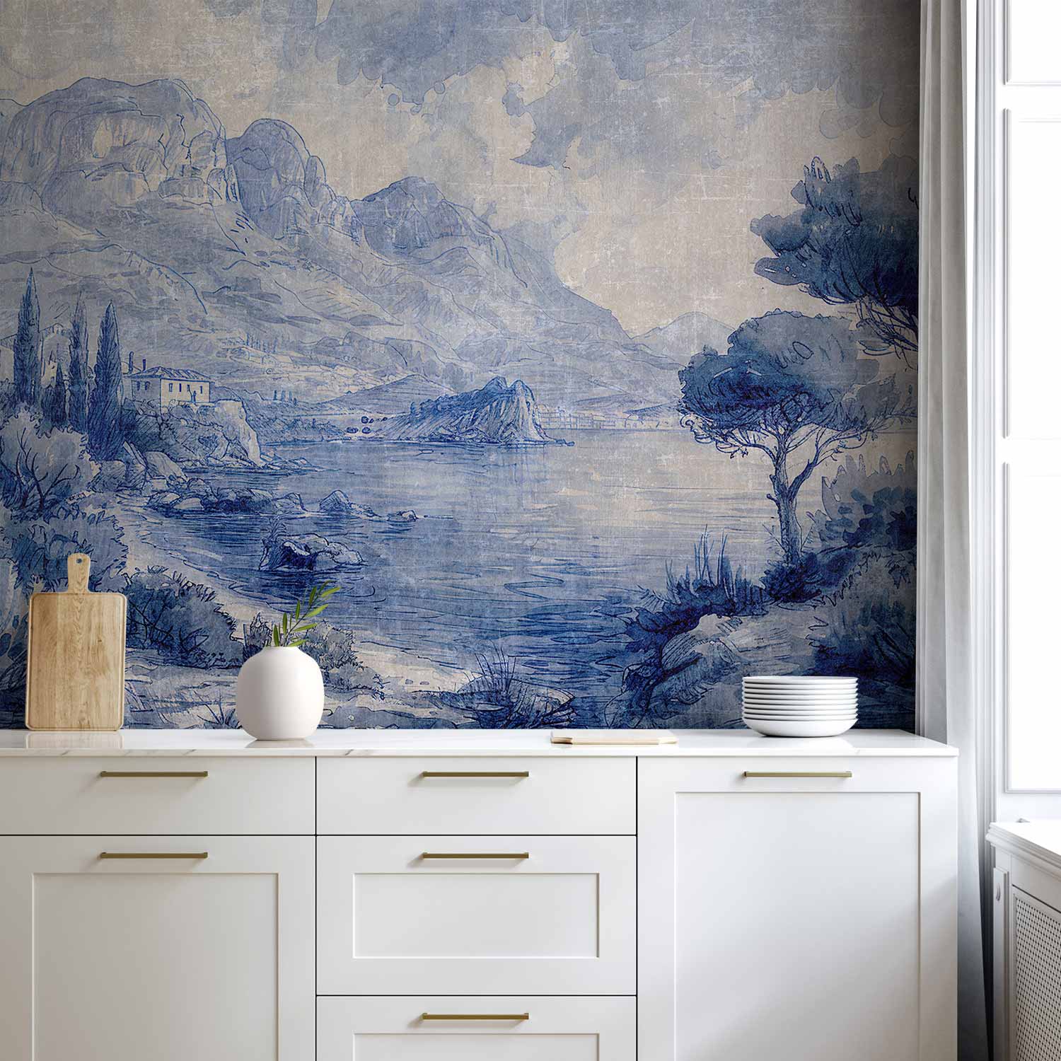 Lake Como Blue Ink Italian Landscape Wall Mural