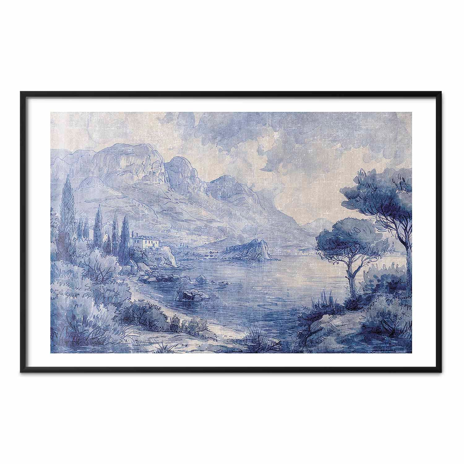 Blue Ink Lake Como Italian Landscape Poster