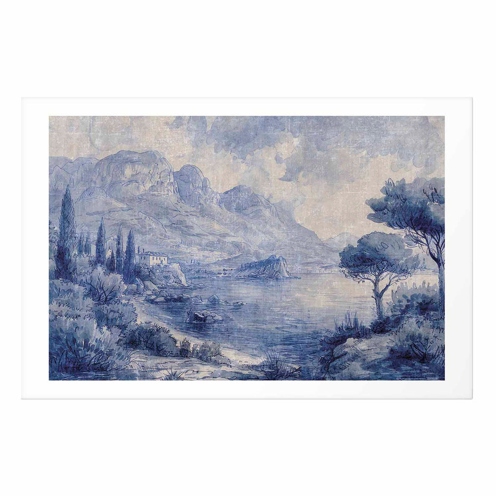 Blue Ink Lake Como Italian Landscape Poster