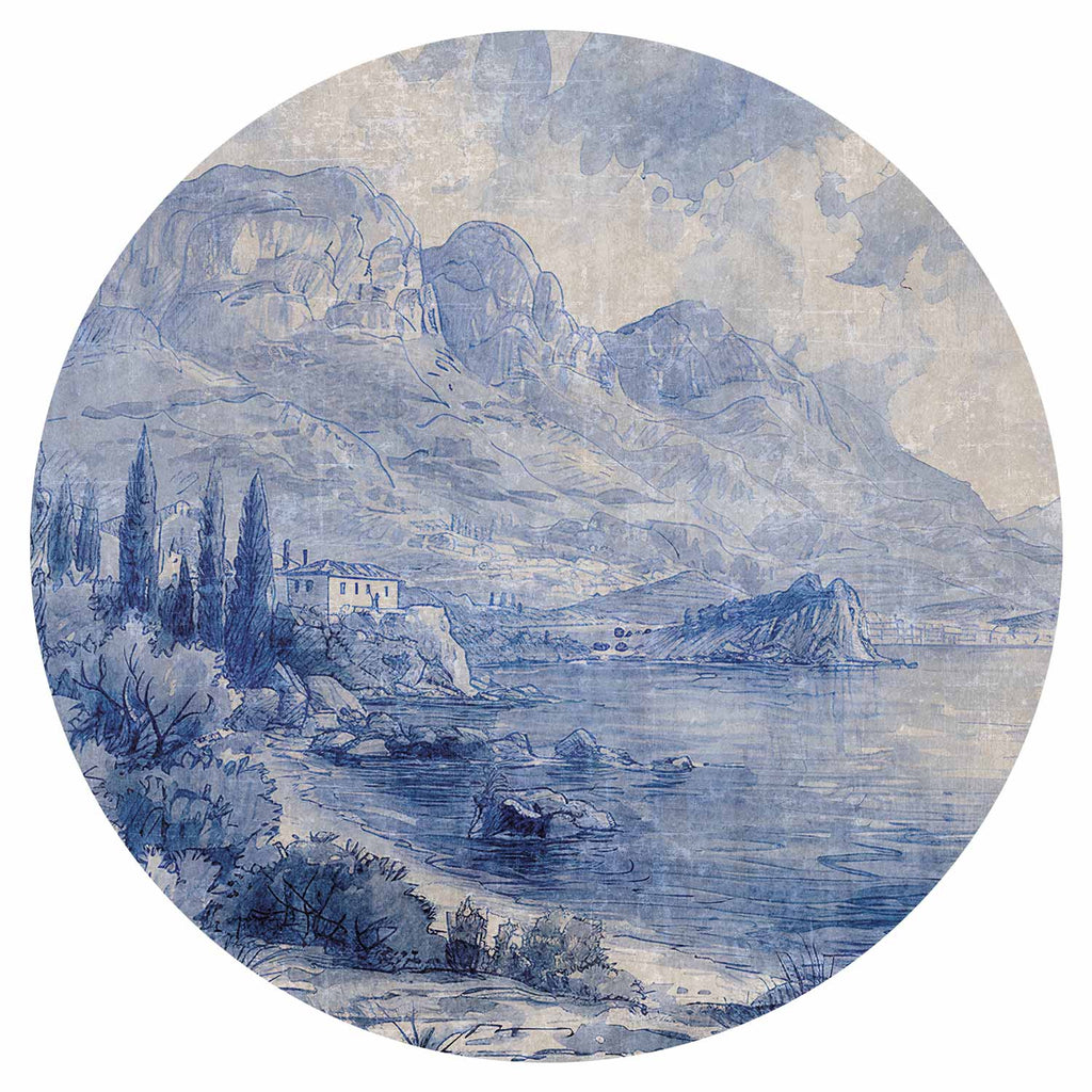 Blue Ink Lake Como Italian Landscape Round Wall Mural
