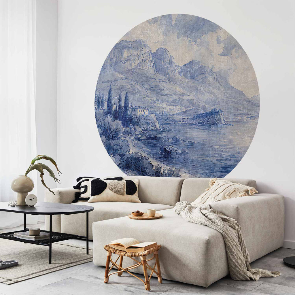 Blue Ink Lake Como Italian Landscape Round Wall Mural