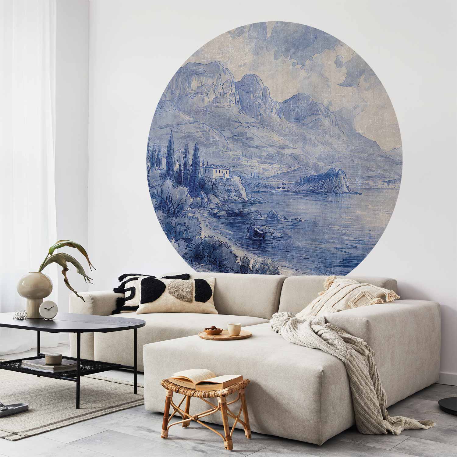 Blue Ink Lake Como Italian Landscape Round Wall Mural