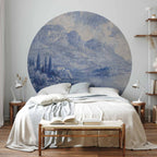 Blue Ink Lake Como Italian Landscape Round Wall Mural