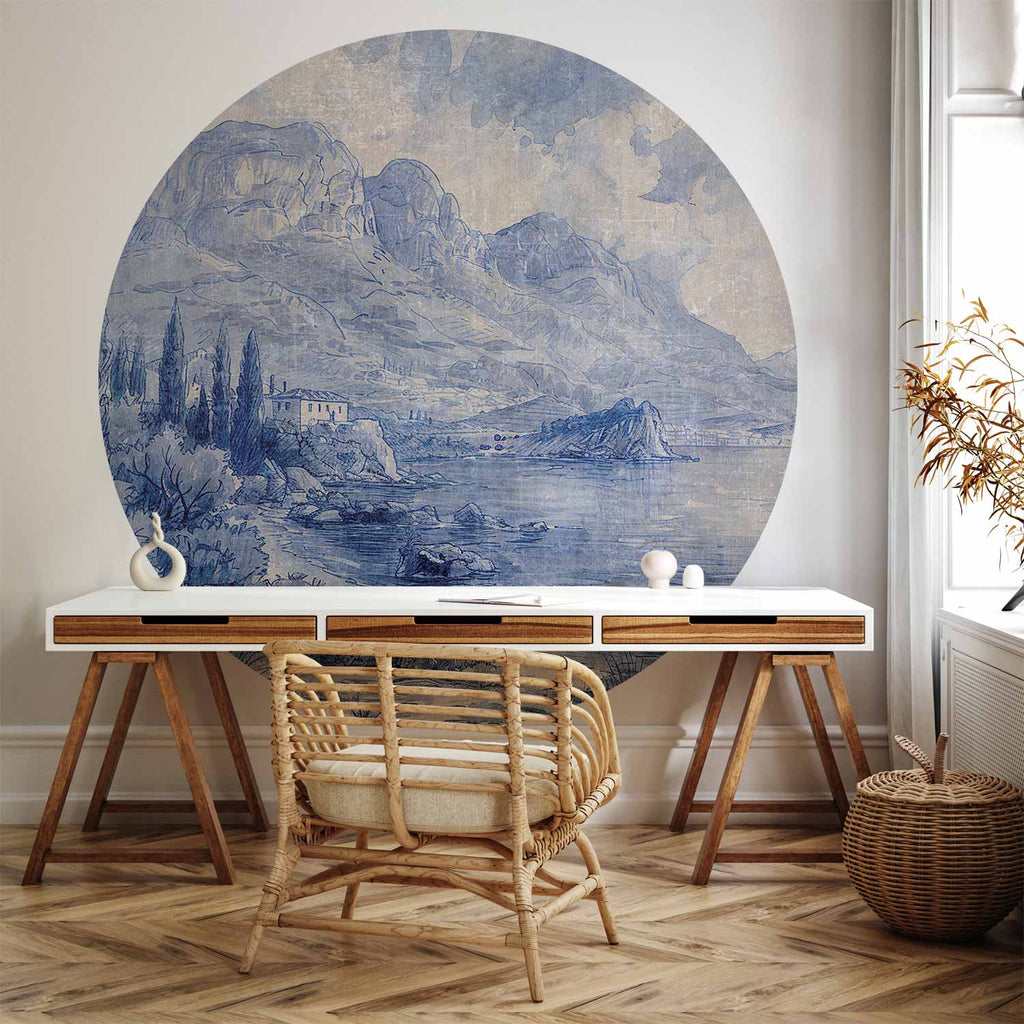 Blue Ink Lake Como Italian Landscape Round Wall Mural