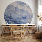 Blue Ink Lake Como Italian Landscape Round Wall Mural