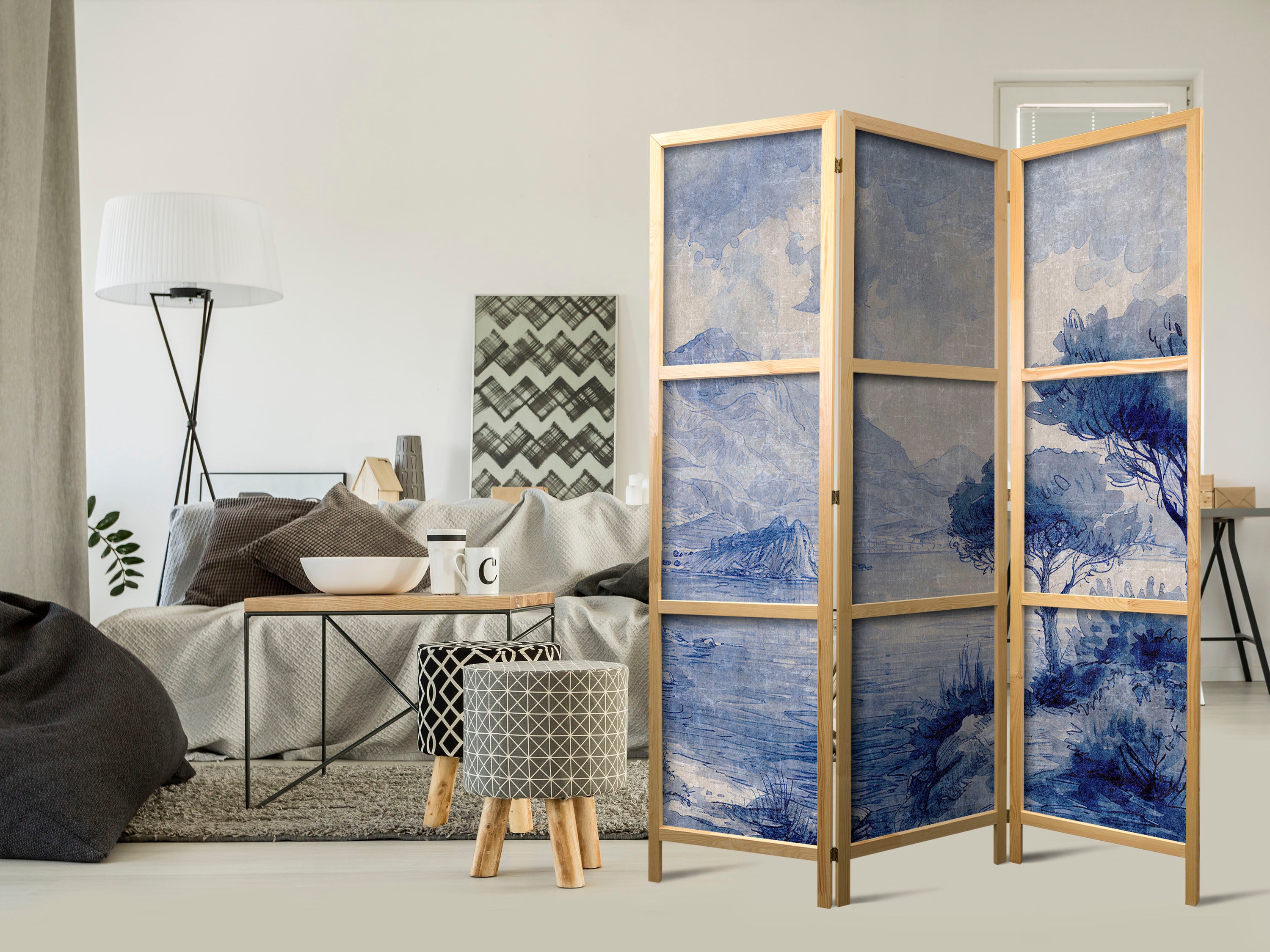 Japanese Room Divider - Italian Landscape in Blue Tones