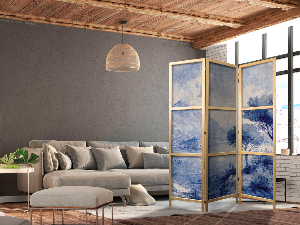 Japanese Room Divider - Italian Landscape in Blue Tones
