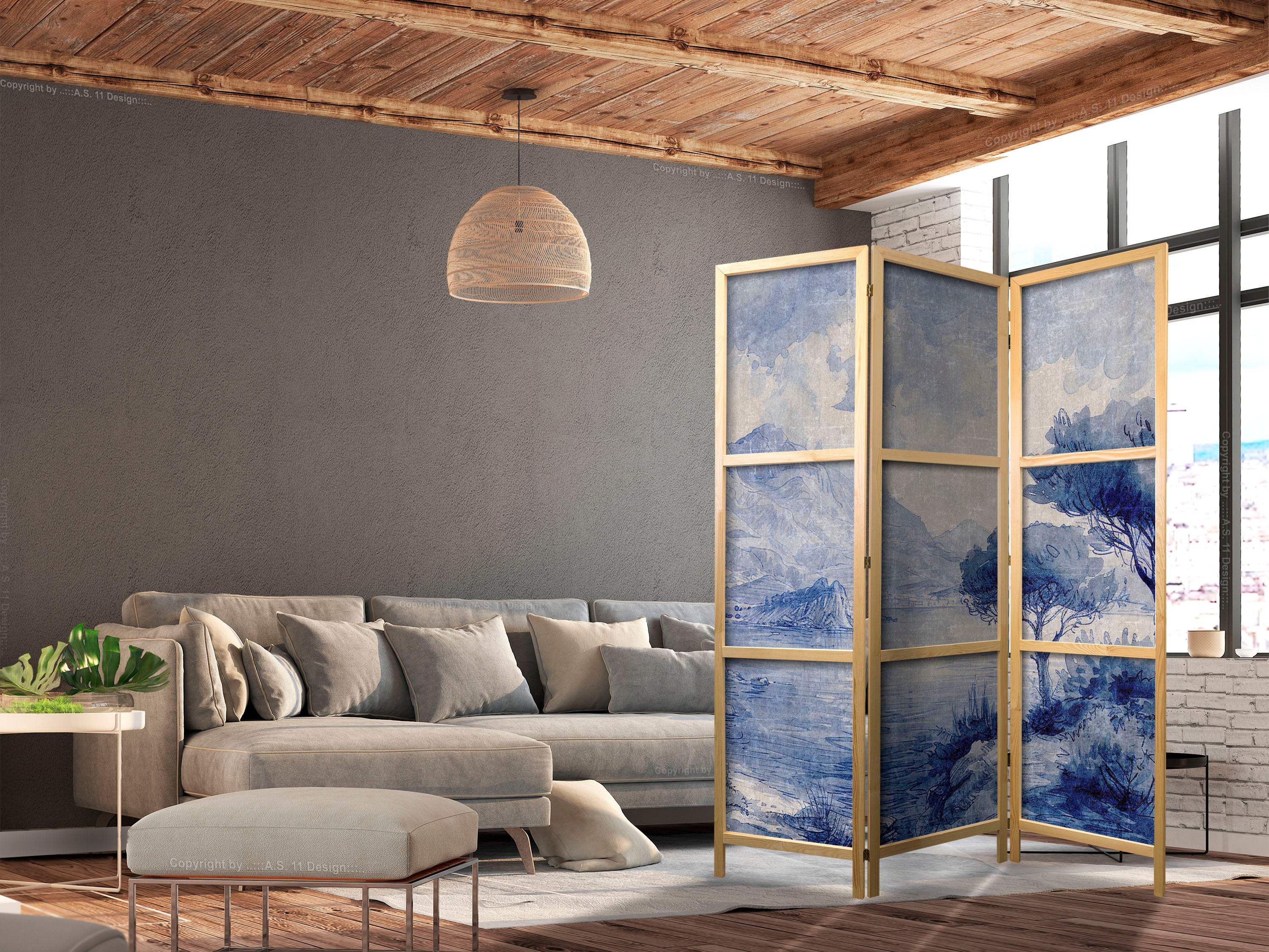 Japanese Room Divider - Italian Landscape in Blue Tones
