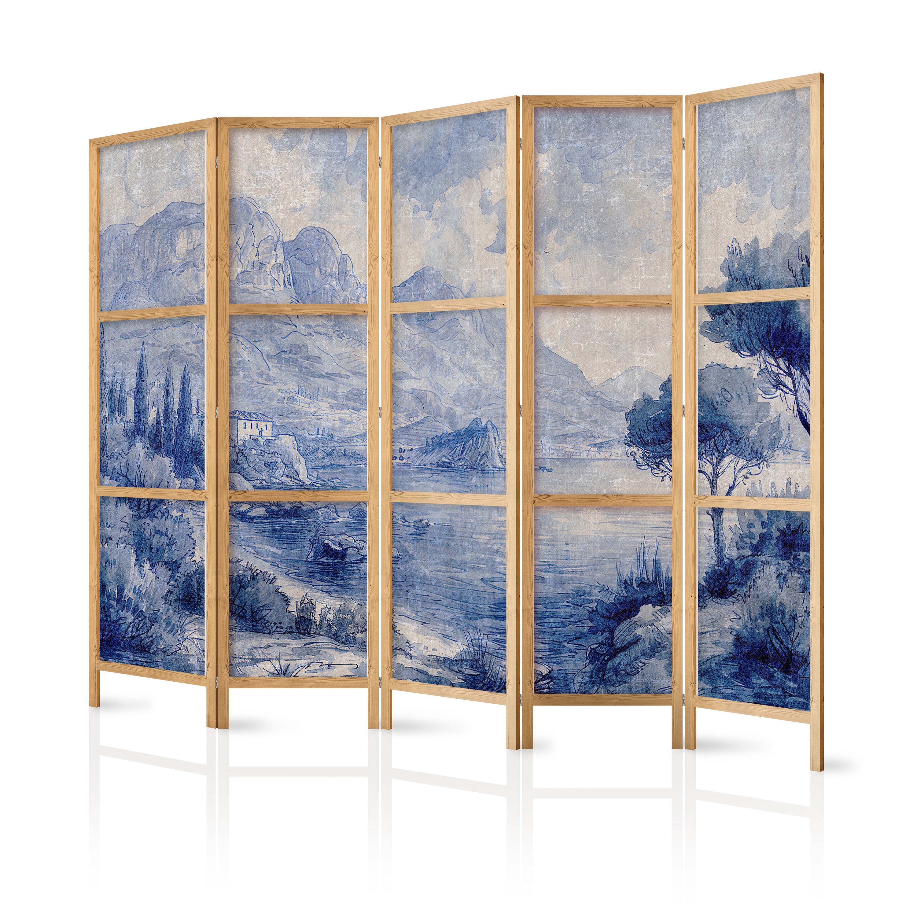 Room Divider 5-panel Japanese Landscape in Blue