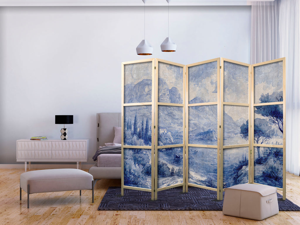 Room Divider 5-panel Japanese Landscape in Blue