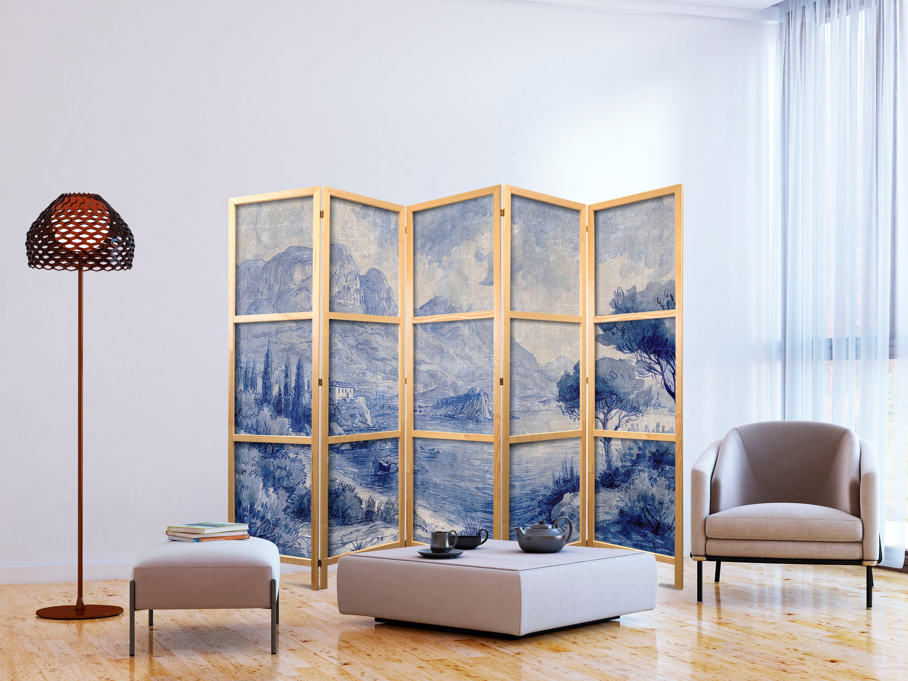 Room Divider 5-panel Japanese Landscape in Blue