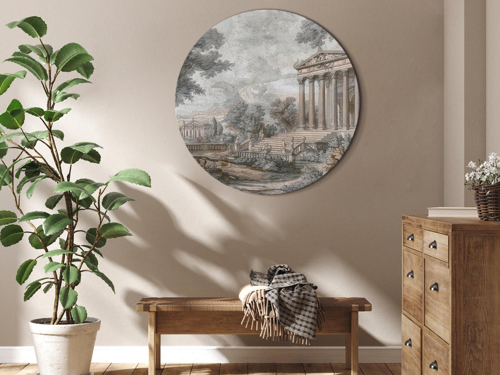 Greek Temple Hill Landscape Round Canvas Print