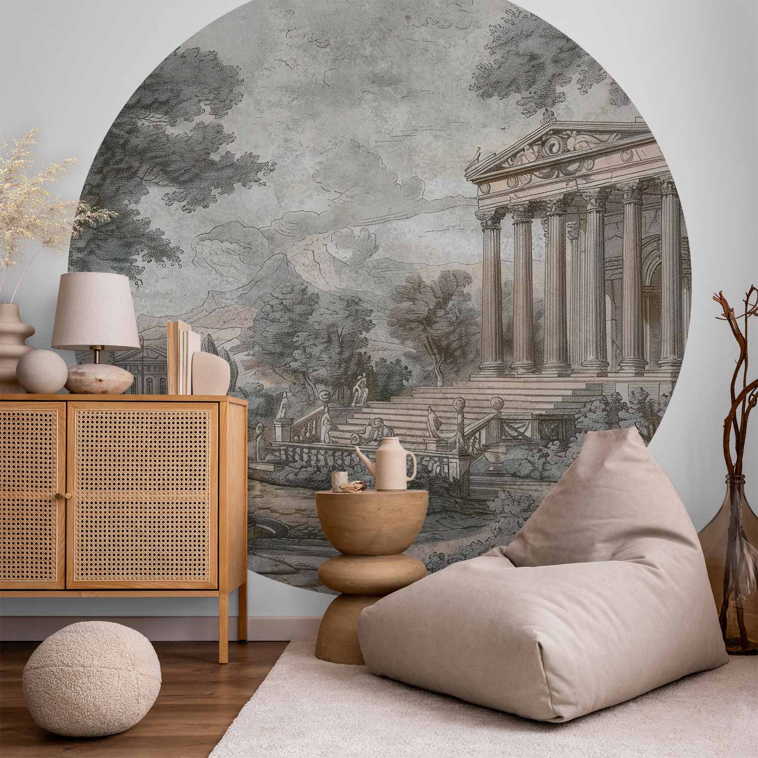 Greek Temple on a Hill Vintage Round Wall Mural
