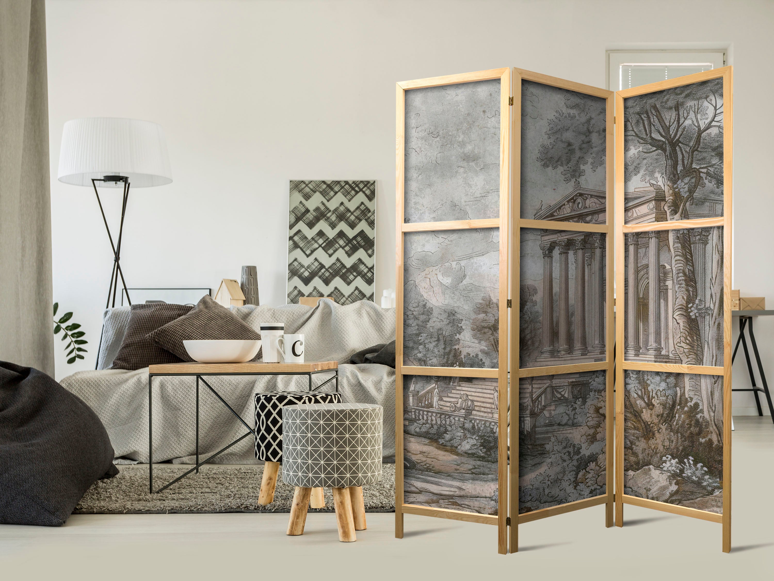 Japanese Room Divider - Antique Landscape - Greek Temple on a Hill Among Lush Vegetation