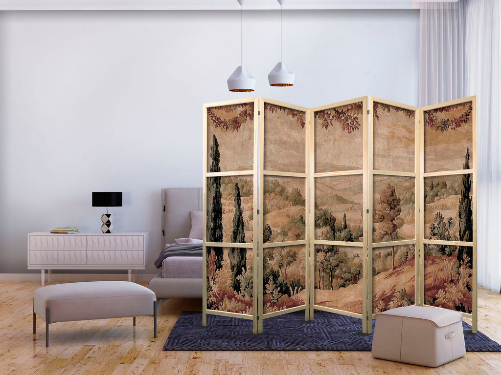 Japanese Room Divider - 5-Panel Landscape with Cypresses