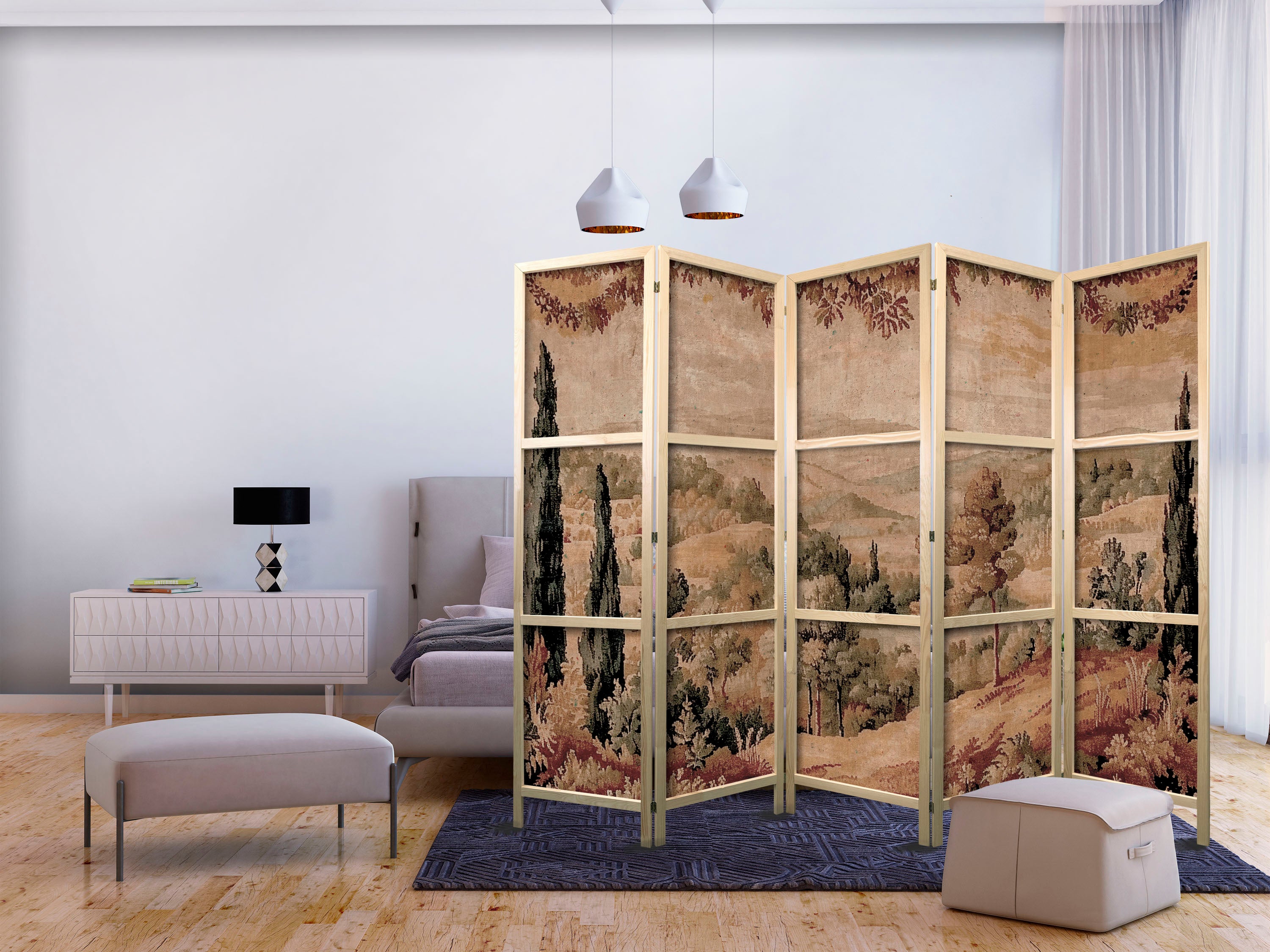 Japanese Room Divider - 5-Panel Landscape with Cypresses