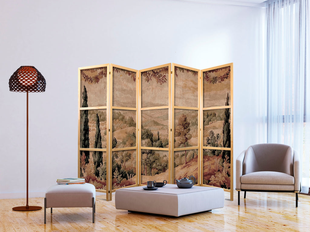 Japanese Room Divider - 5-Panel Landscape with Cypresses