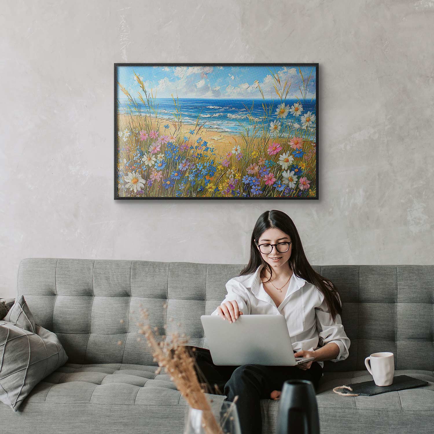 Wildflower Seascape Rough Sea View Poster