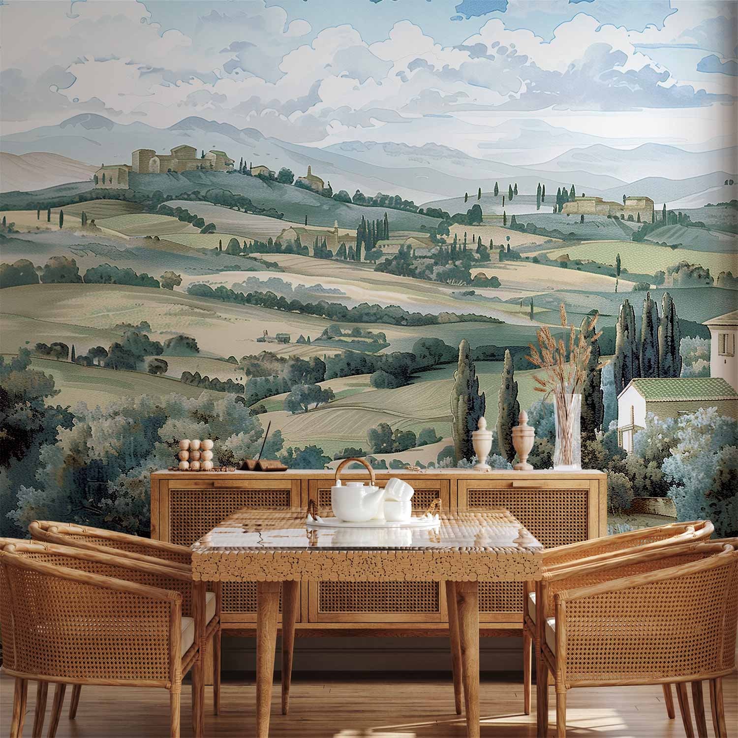 Wall Mural Landscape with Green Fields and Trees Tuscan Sunny View