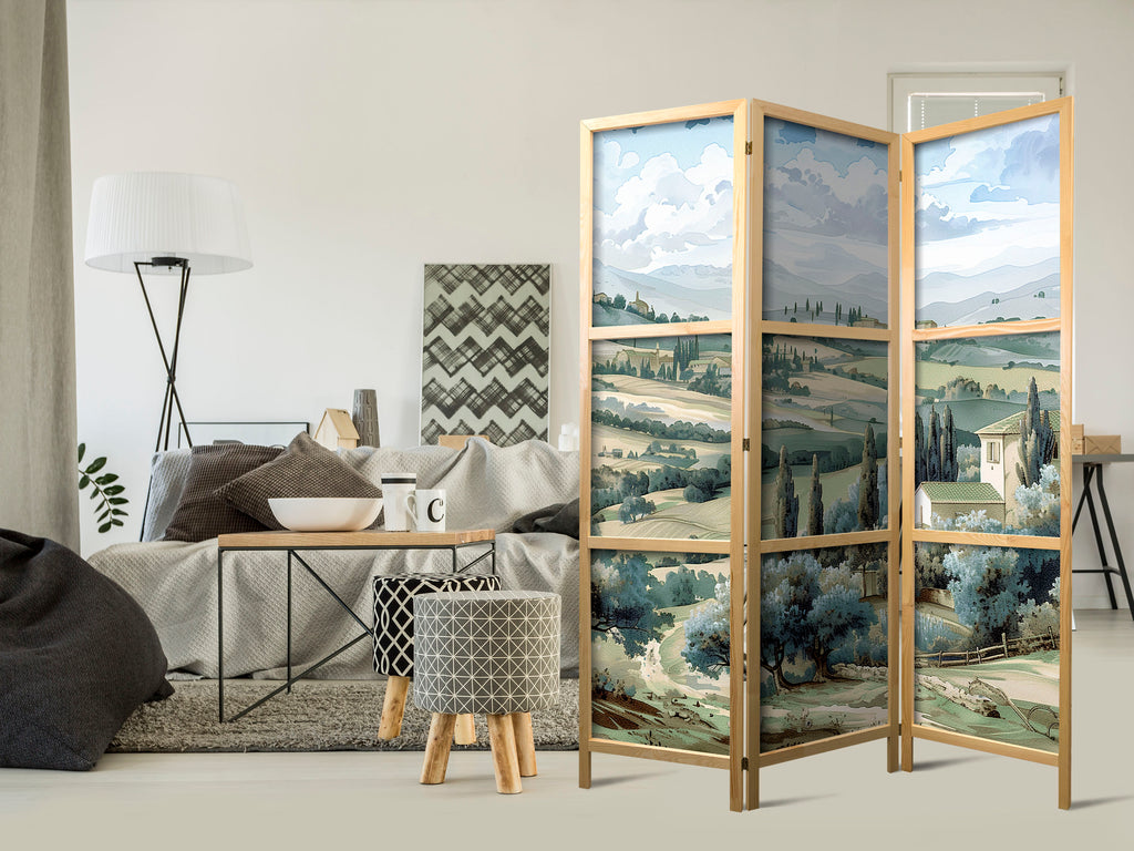 Japanese Room Divider Landscape with Green Fields and Trees
