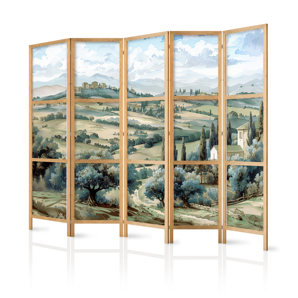 Japanese Room Divider - Landscape with Green Fields and Trees, 5-Panel