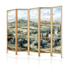 Japanese Room Divider - Landscape with Green Fields and Trees, 5-Panel