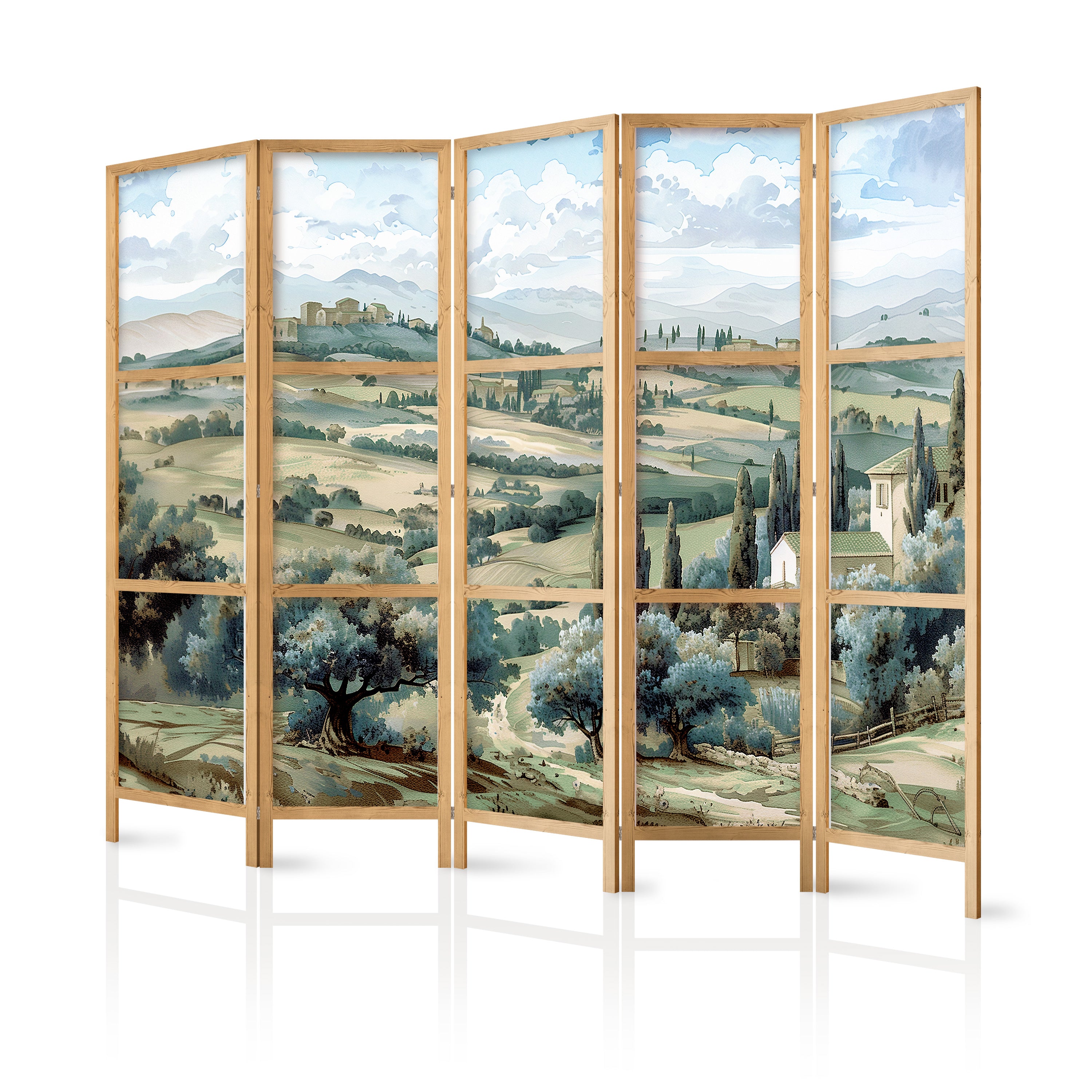 Japanese Room Divider - Landscape with Green Fields and Trees, 5-Panel