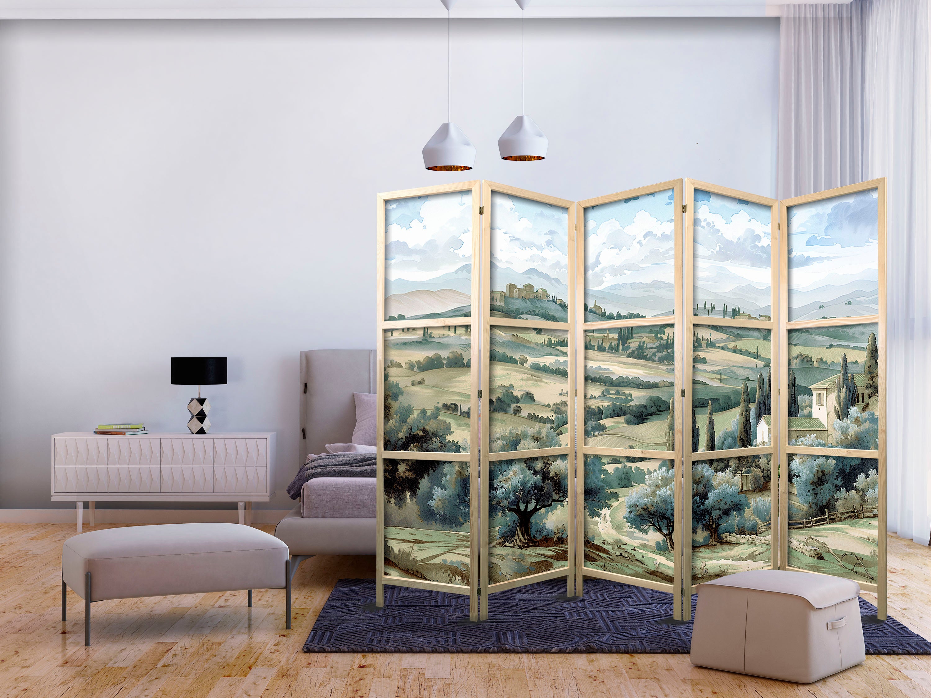 Japanese Room Divider - Landscape with Green Fields and Trees, 5-Panel