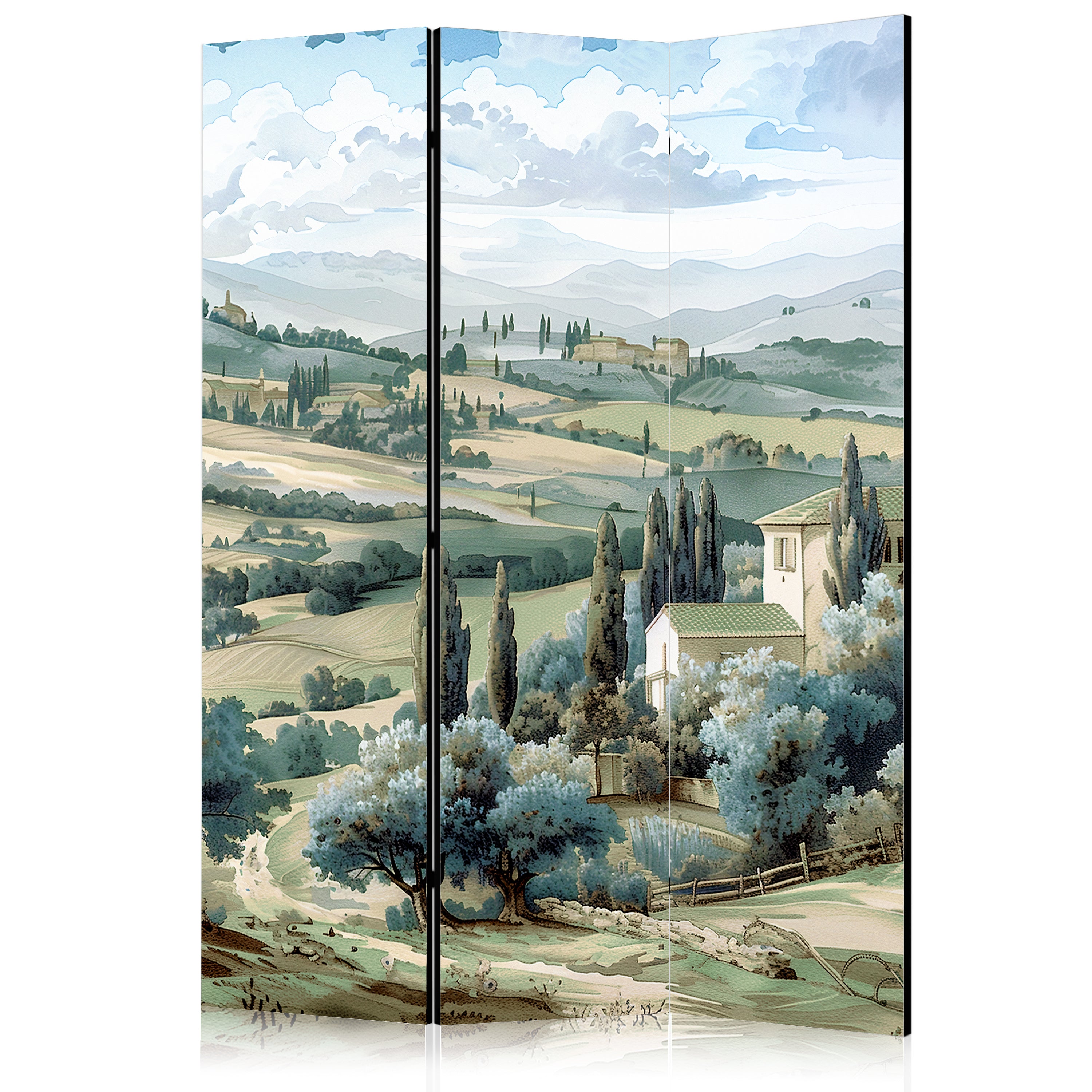 Room Divider 3-panel Landscape with Green Fields and Trees