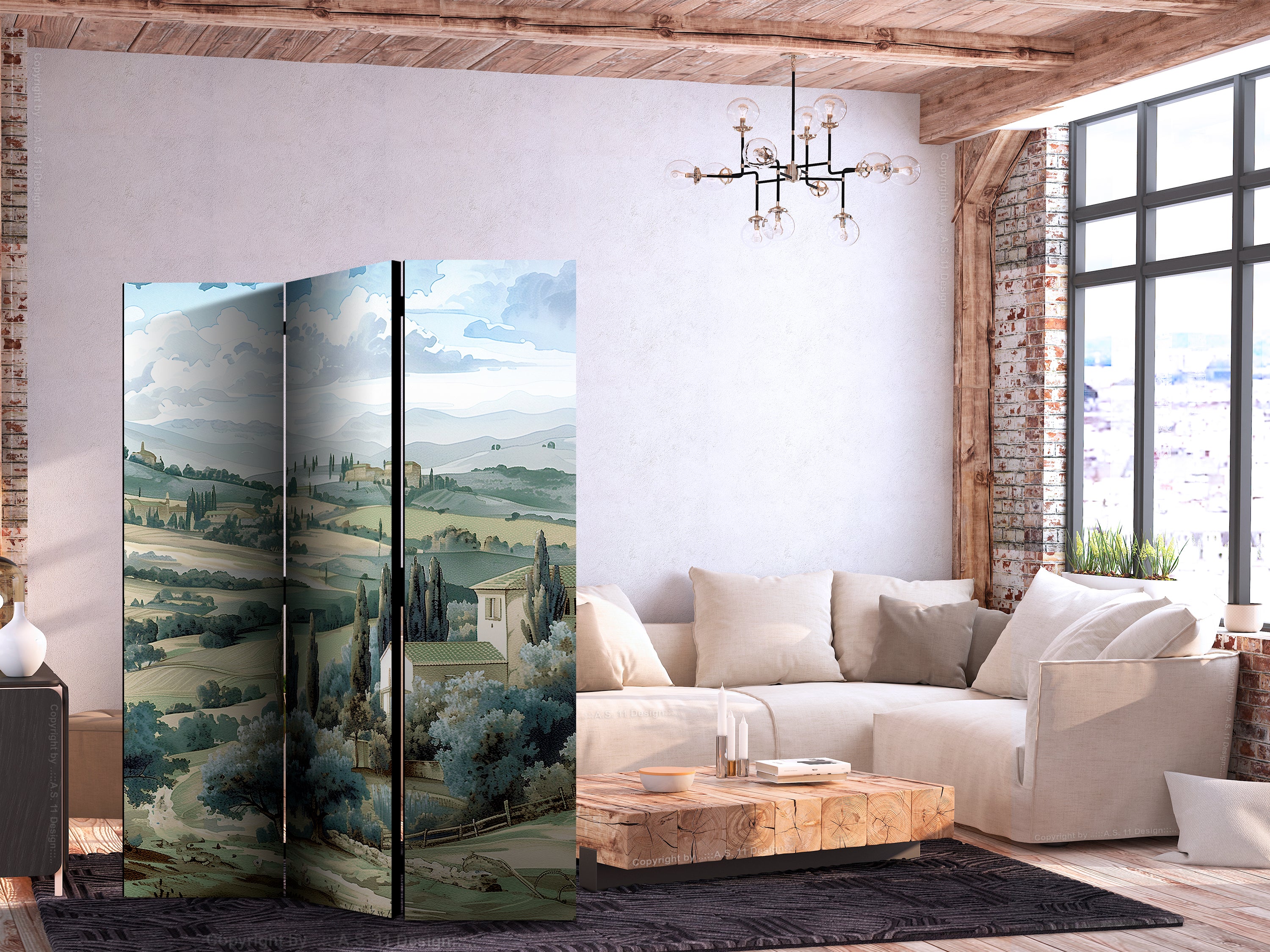 Room Divider 3-panel Landscape with Green Fields and Trees