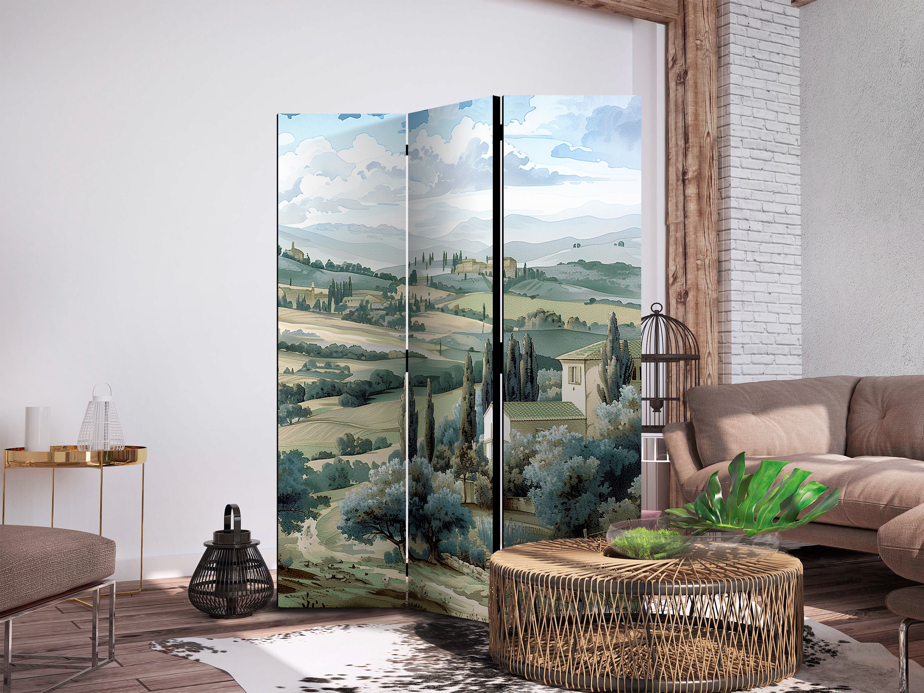Room Divider 3-panel Landscape with Green Fields and Trees