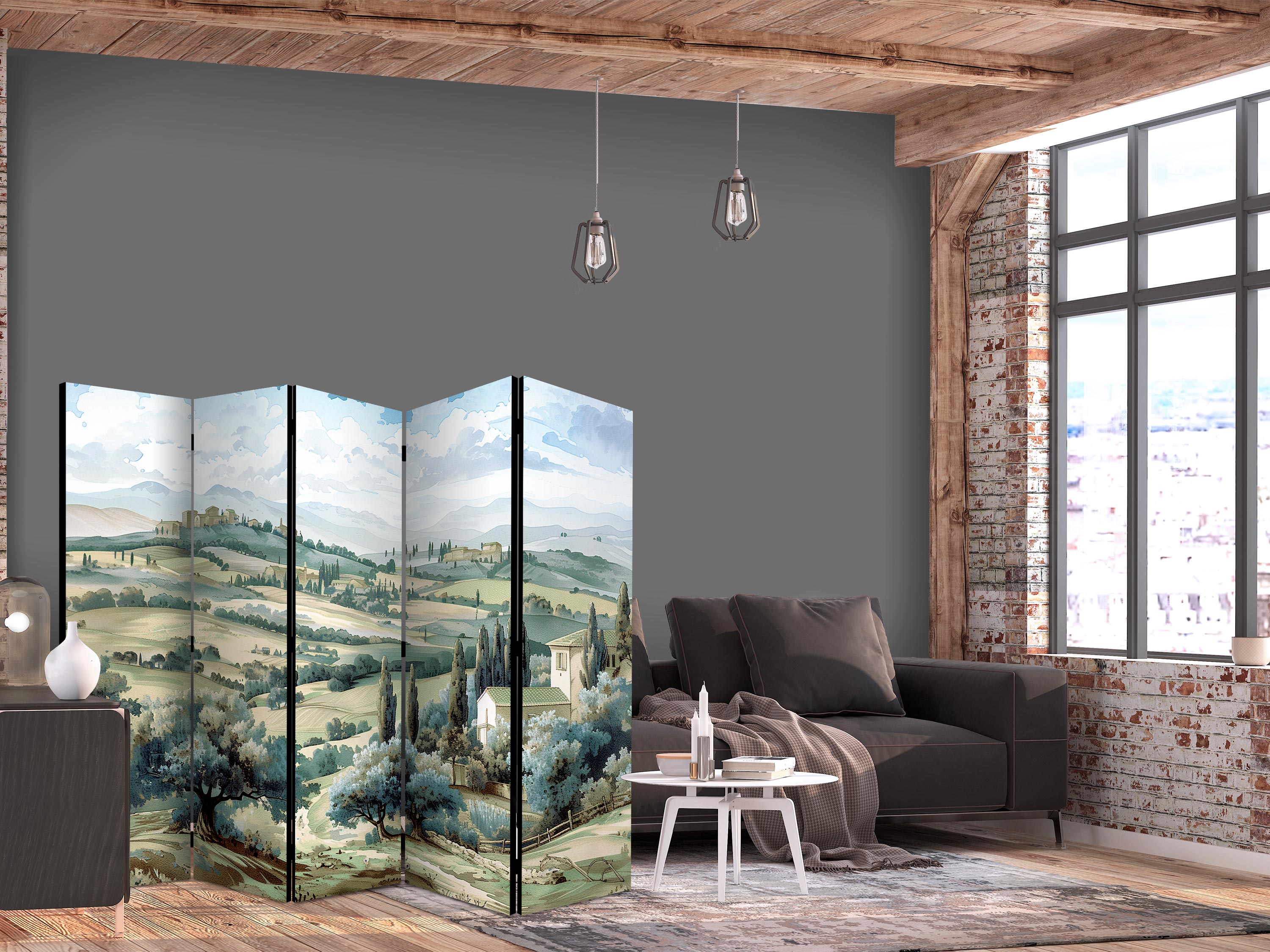 Room Divider - Landscape with Green Fields and Trees