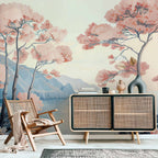 Wall Mural Landscape Ocean Cliffs and Trees in Delicate Pink Shades