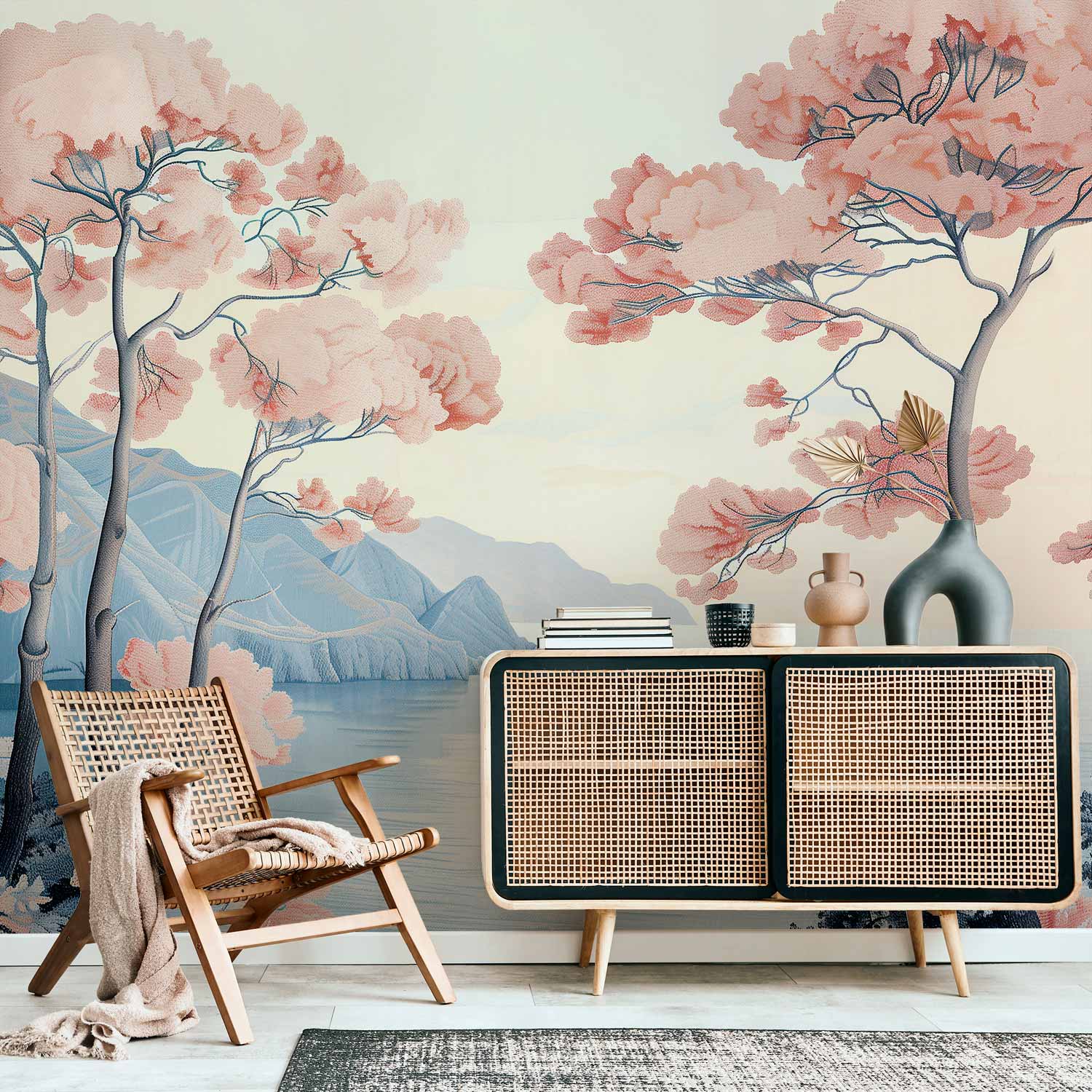 Wall Mural Landscape Ocean Cliffs and Trees in Delicate Pink Shades