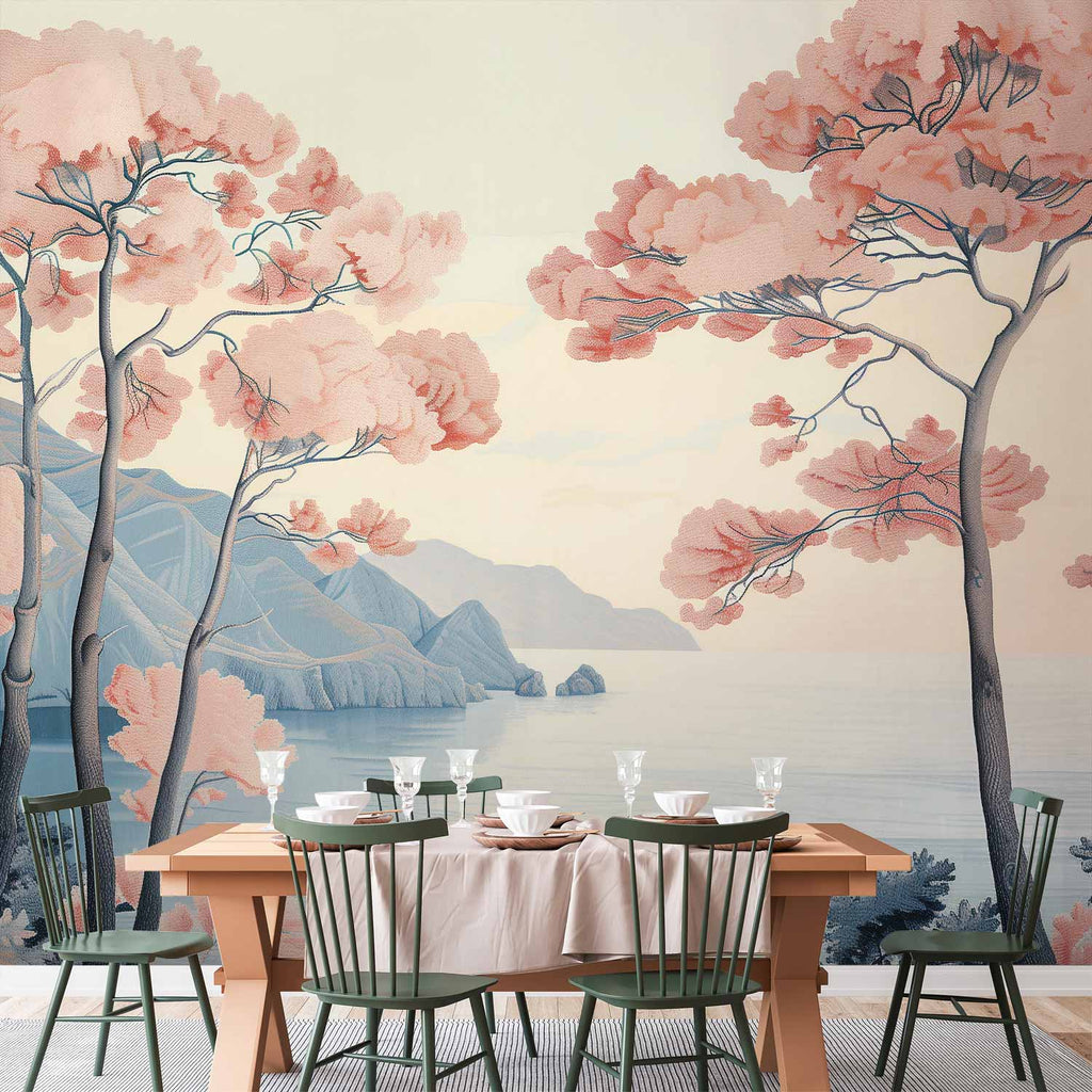 Wall Mural Landscape Ocean Cliffs and Trees in Delicate Pink Shades