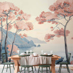 Wall Mural Landscape Ocean Cliffs and Trees in Delicate Pink Shades